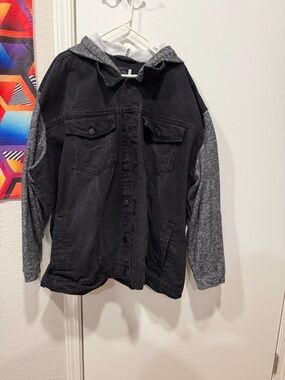 Original Use Black Denim Jacket with Gray Hood and Sleeves